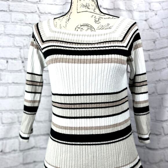 Linda Matthews Pullover Striped Sweater Black Taupe White Square Neck L - Picture 5 of 10